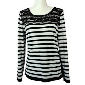 PINA ROSSI LP Black & White Striped Top T-Shirt Long Sleeve Lace Detail